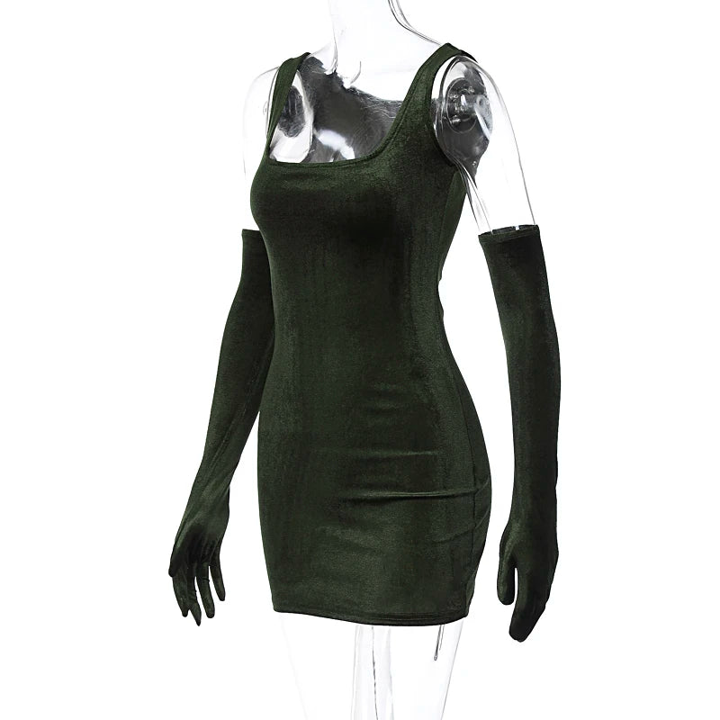 Trendy Green Velvet Party Dress & Gloves Velvet Dresses