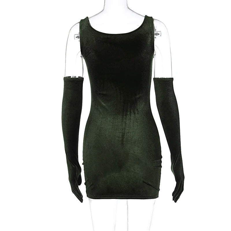 Trendy Green Velvet Party Dress & Gloves Velvet Dresses