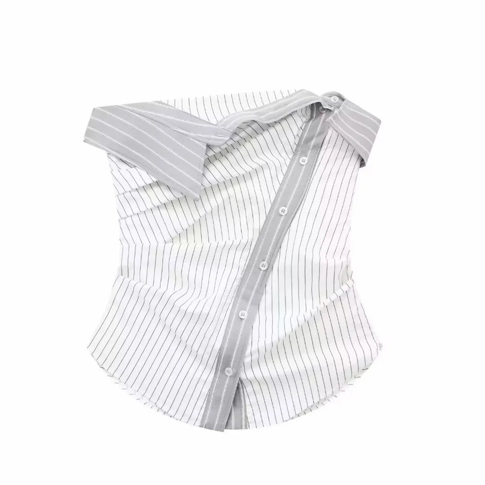 Menswear-inspired Asymmetric Strapless Stripe Top Tube Tops