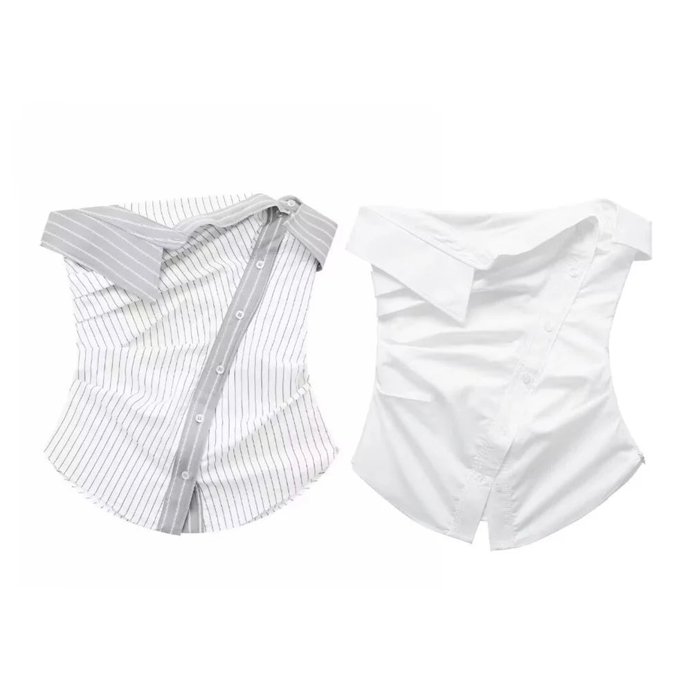 Menswear-inspired Asymmetric Strapless Stripe Top Tube Tops