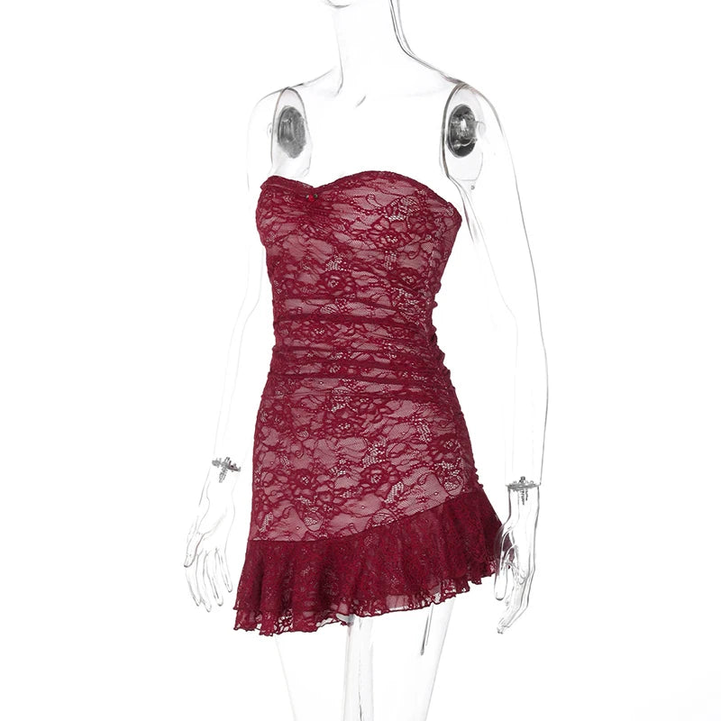 Strapless Lace Red Tube Mini Dress for Club Nights Tube Dresses