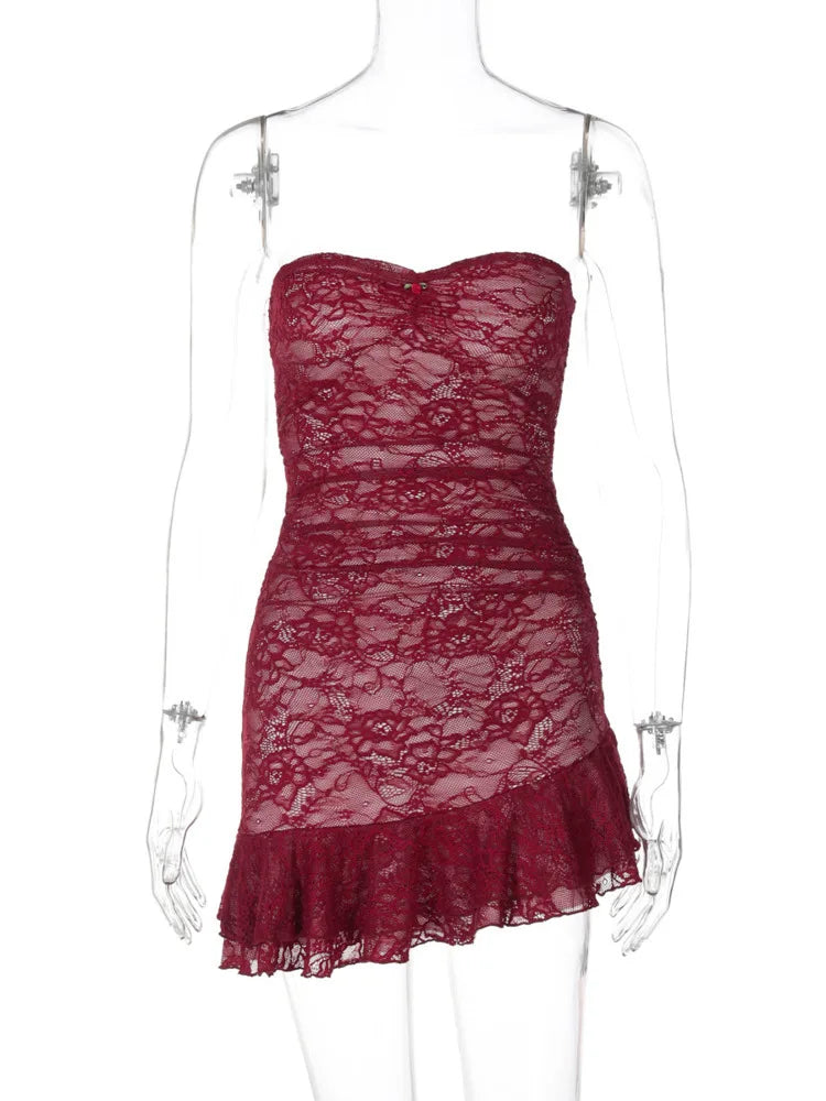 Strapless Lace Red Tube Mini Dress for Club Nights Tube Dresses