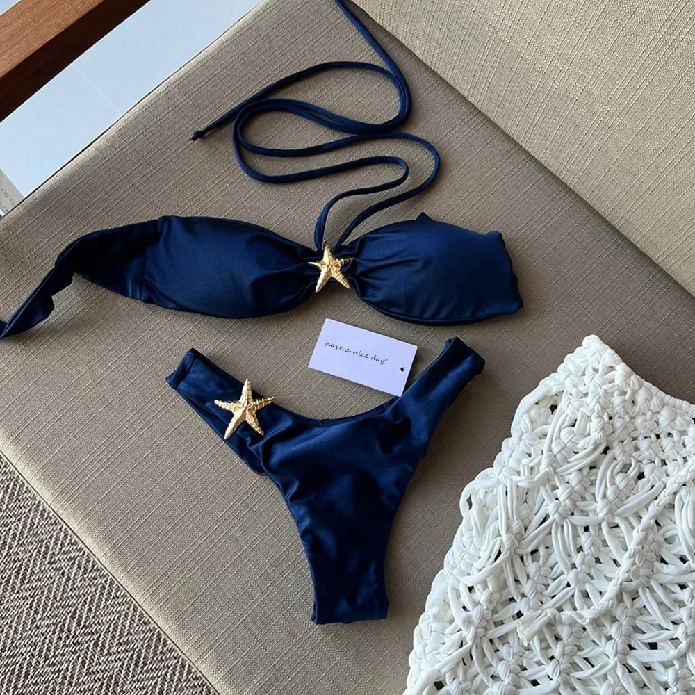 Pink Navy Bandeau Bikini with Starfish Accent Swimsuits