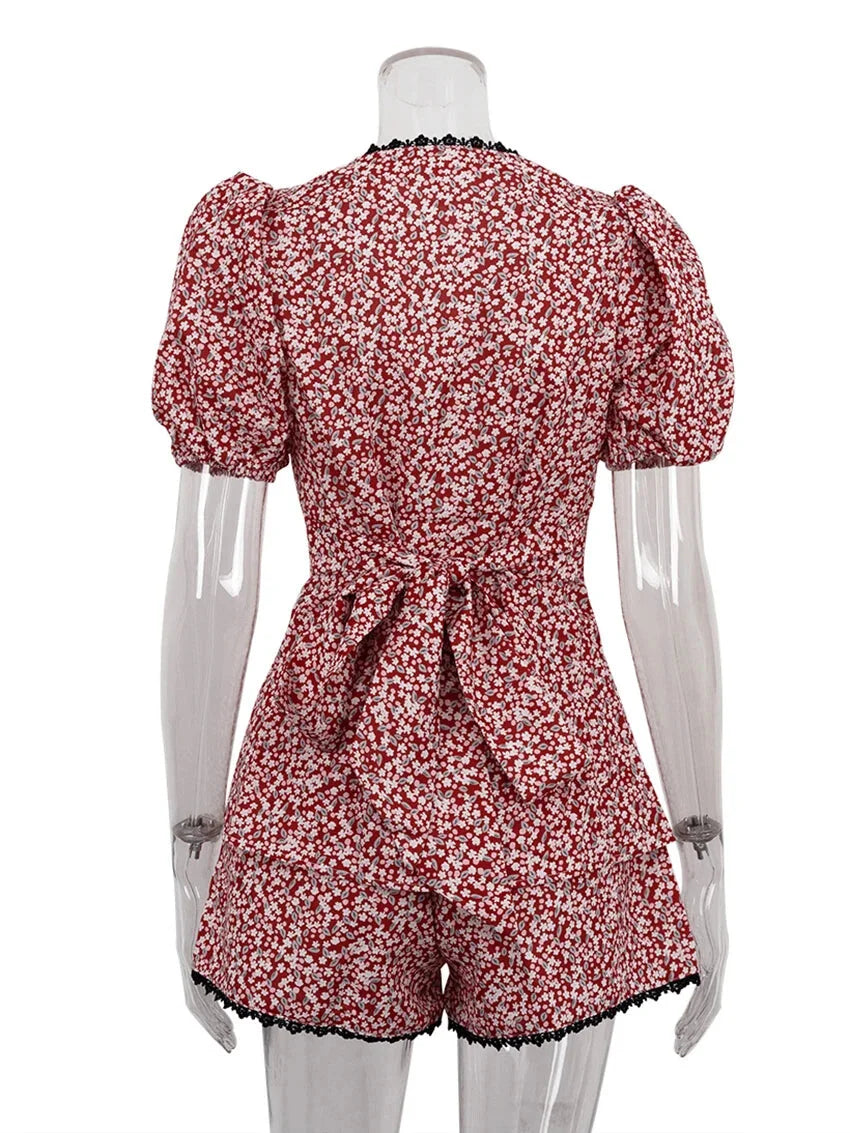 Fancy Floral Summer Outfit Puff Blouse and Shorts Shorts Sets