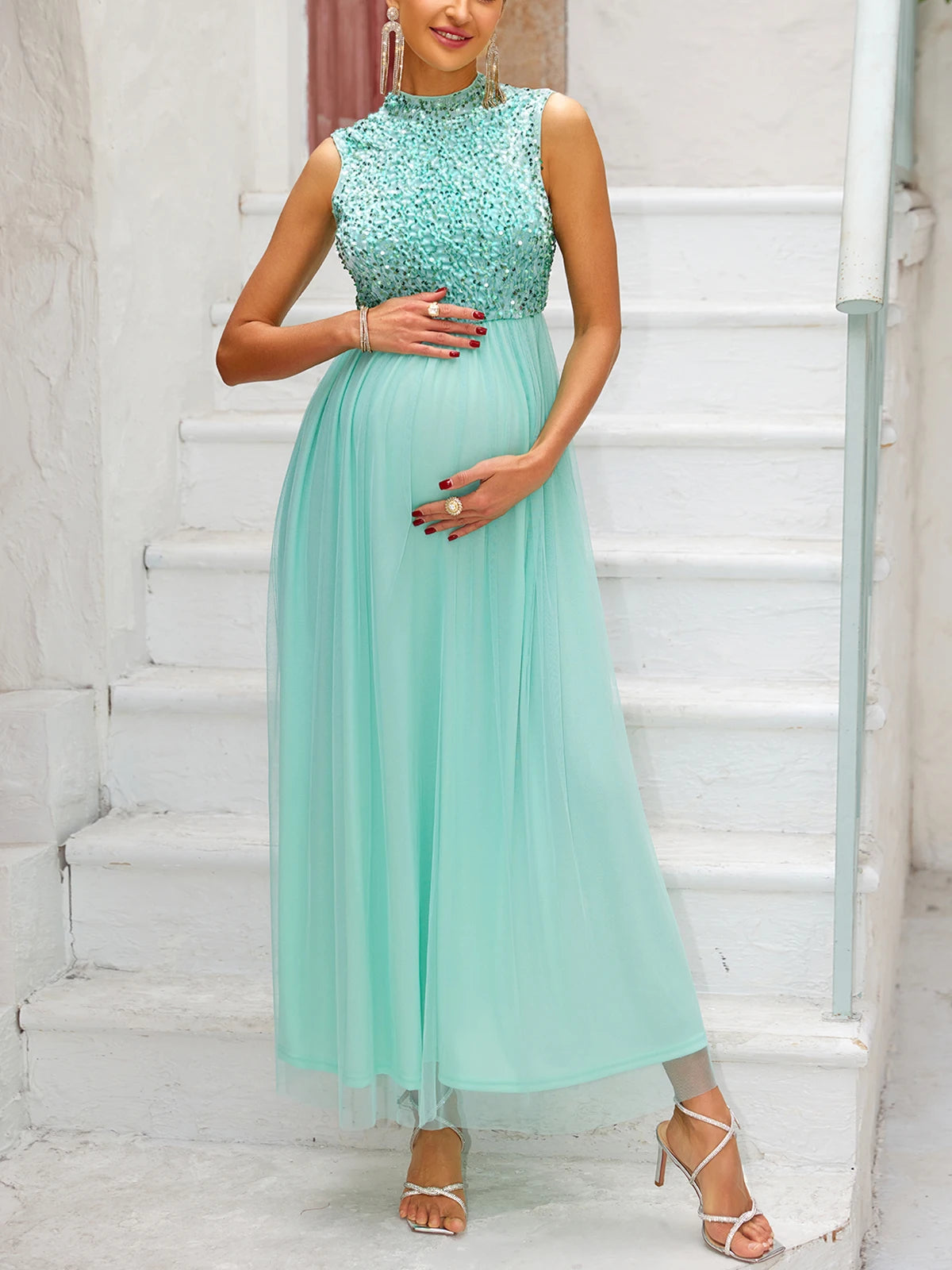 Sequined High-Neck Maternity Dress for Special Events	