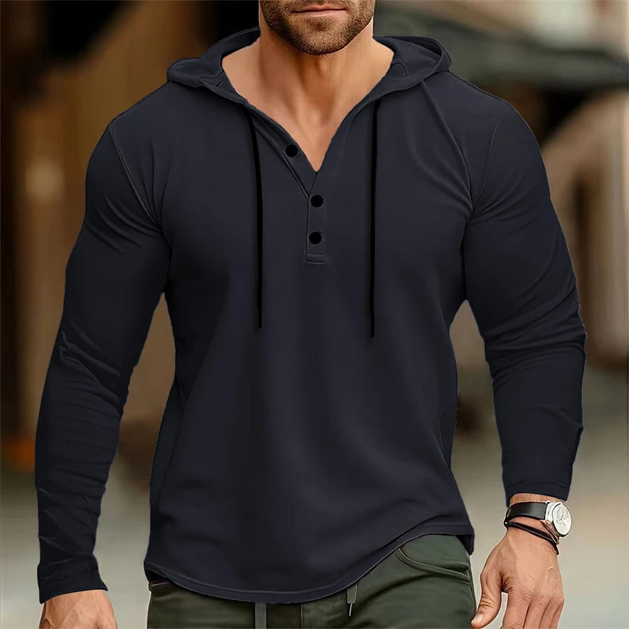 Men’s Henley Muscle Hoodie Athletic Fit Top Hoodies