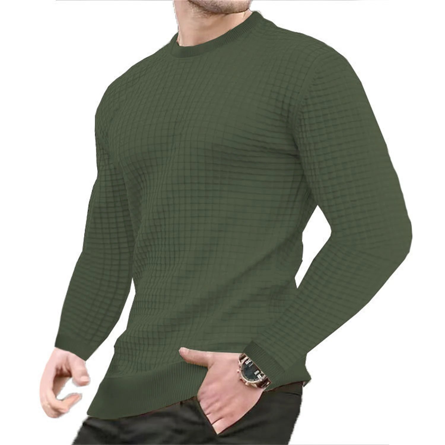 Men's Casual Waffle-Knit Long Sleeve Tee Men T-shirts