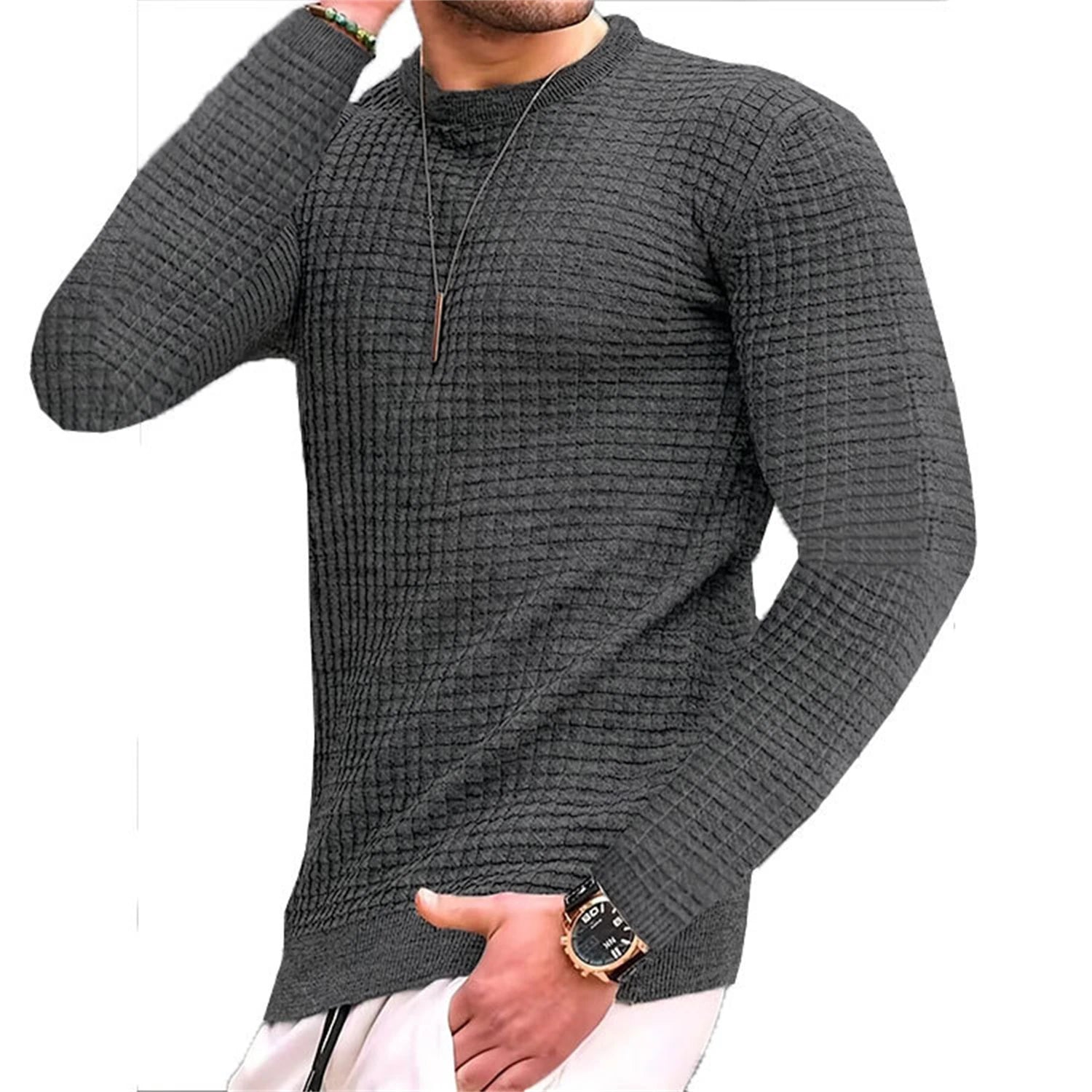 Men's Casual Waffle-Knit Long Sleeve Tee Men T-shirts