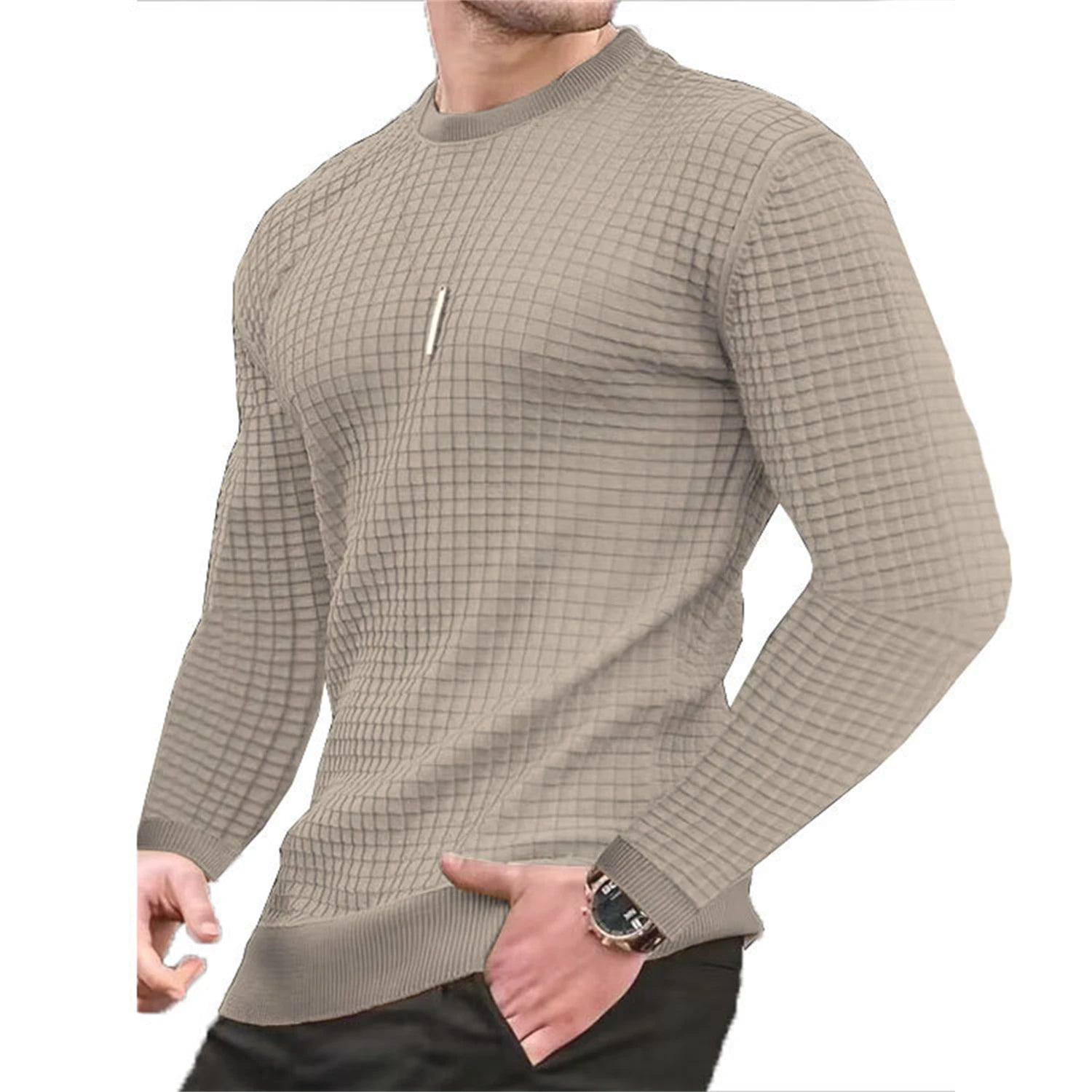 Men's Casual Waffle-Knit Long Sleeve Tee Men T-shirts