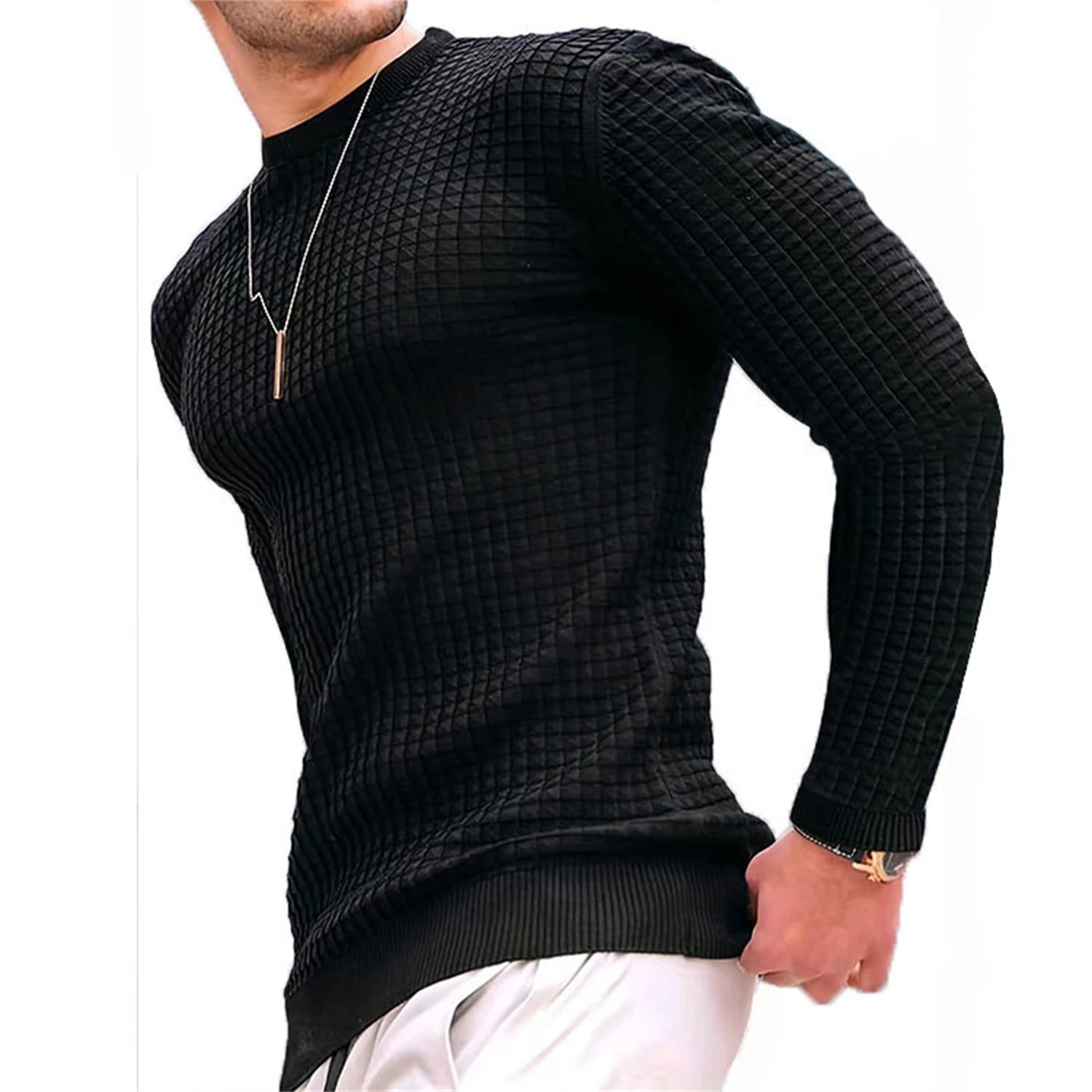 Men's Casual Waffle-Knit Long Sleeve Tee Men T-shirts