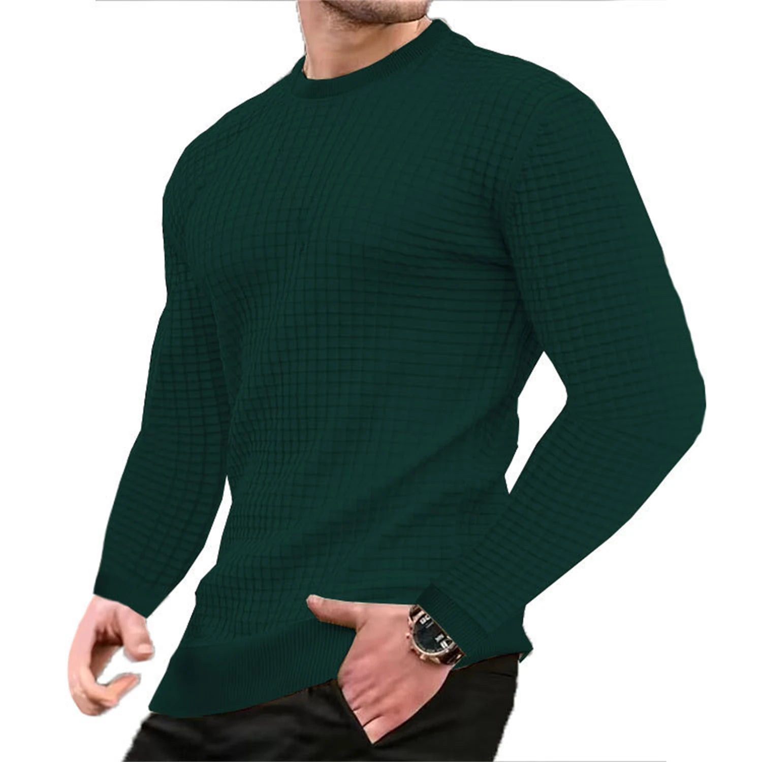 Men's Casual Waffle-Knit Long Sleeve Tee Men T-shirts