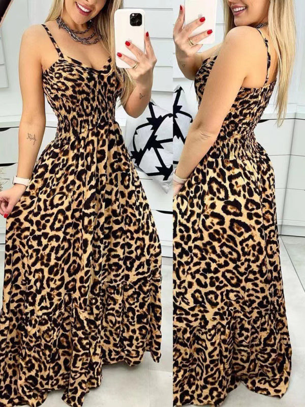 Leopard Print Casual Maxi Sundress Cami Summer Dress Maxi Dresses