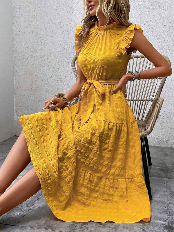 Boho Belted Midi Dress with Playful Ruffle Accents Casual Dresses