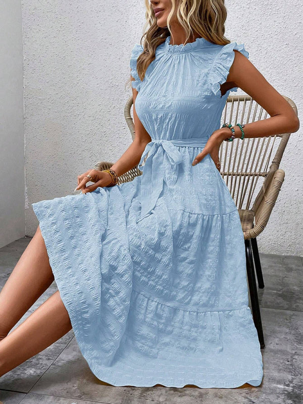 Boho Belted Midi Dress with Playful Ruffle Accents Casual Dresses