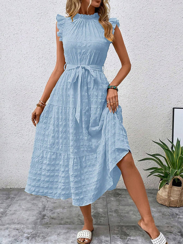 Boho Belted Midi Dress with Playful Ruffle Accents Casual Dresses