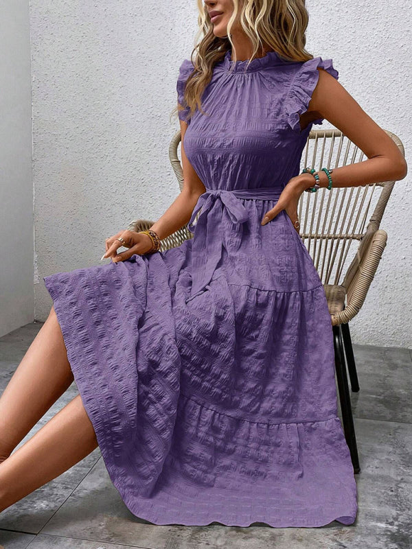 Boho Belted Midi Dress with Playful Ruffle Accents Casual Dresses