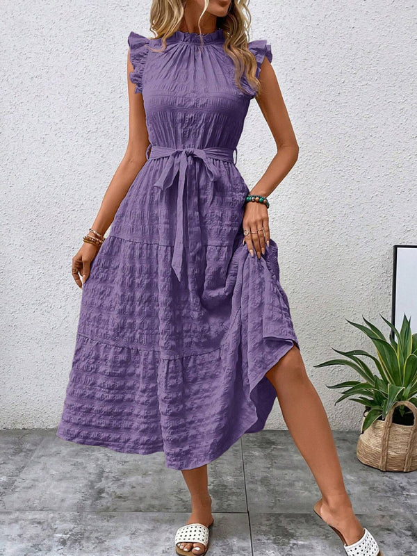 Boho Belted Midi Dress with Playful Ruffle Accents Casual Dresses