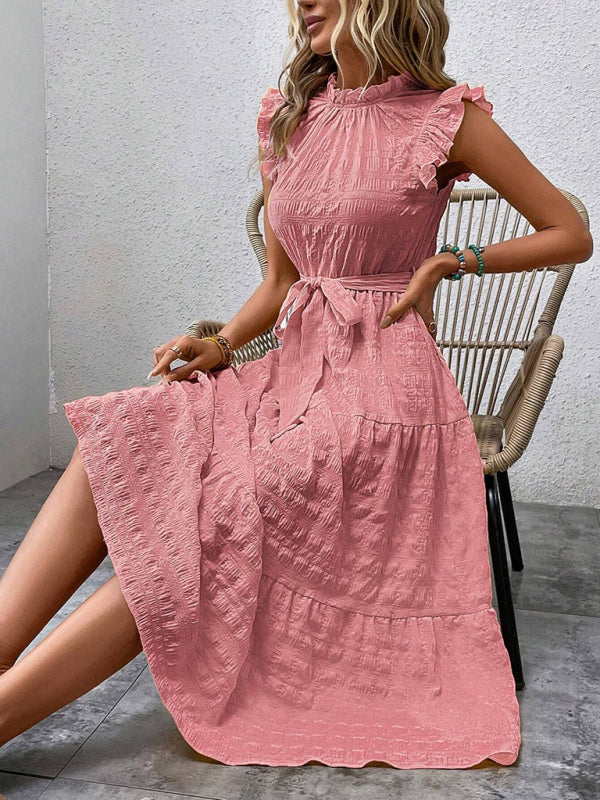 Boho Belted Midi Dress with Playful Ruffle Accents Casual Dresses