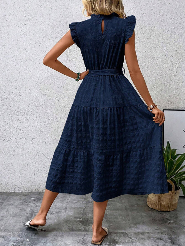 Boho Belted Midi Dress with Playful Ruffle Accents Casual Dresses