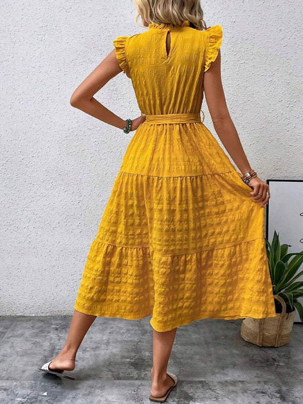 Boho Belted Midi Dress with Playful Ruffle Accents Casual Dresses