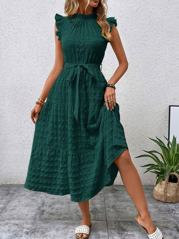 Boho Belted Midi Dress with Playful Ruffle Accents Casual Dresses