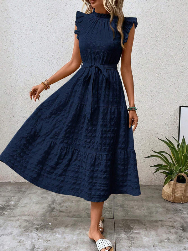 Boho Belted Midi Dress with Playful Ruffle Accents Casual Dresses