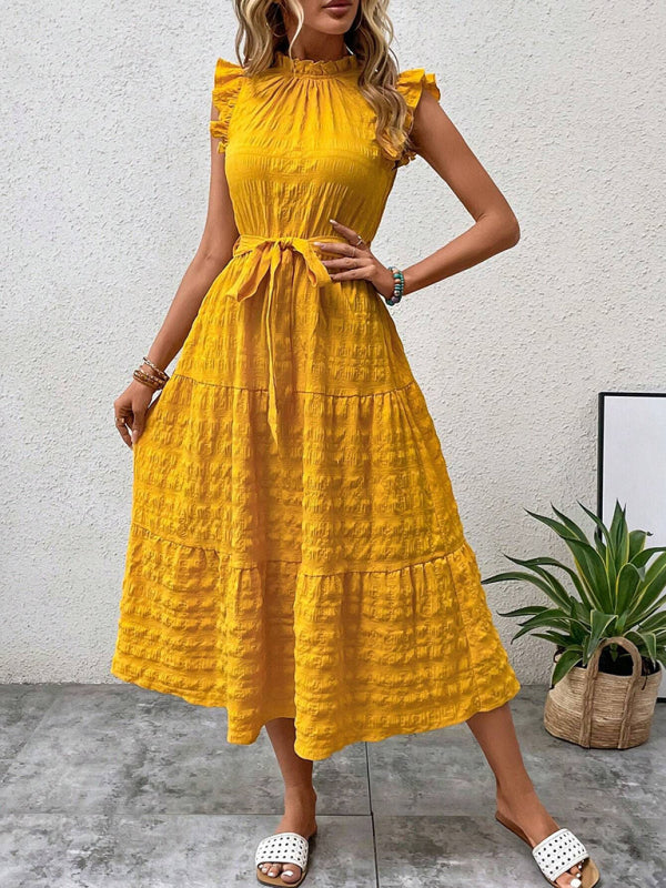 Boho Belted Midi Dress with Playful Ruffle Accents Casual Dresses