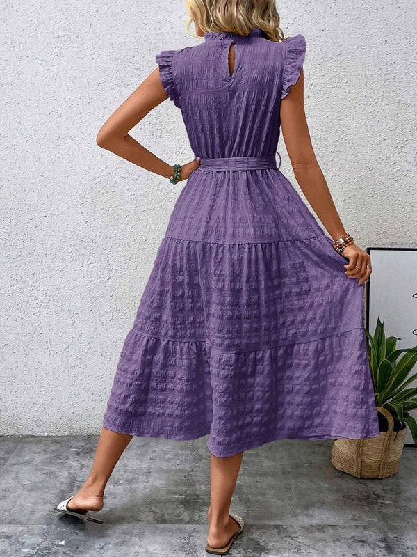 Boho Belted Midi Dress with Playful Ruffle Accents Casual Dresses