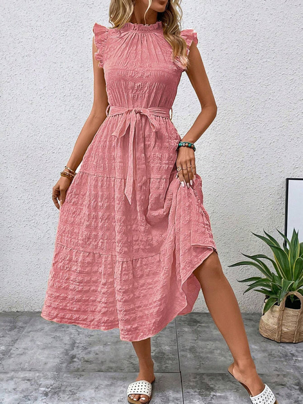 Boho Belted Midi Dress with Playful Ruffle Accents Casual Dresses