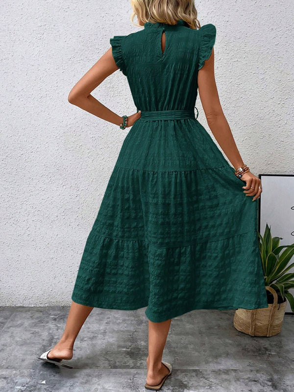 Boho Belted Midi Dress with Playful Ruffle Accents Casual Dresses