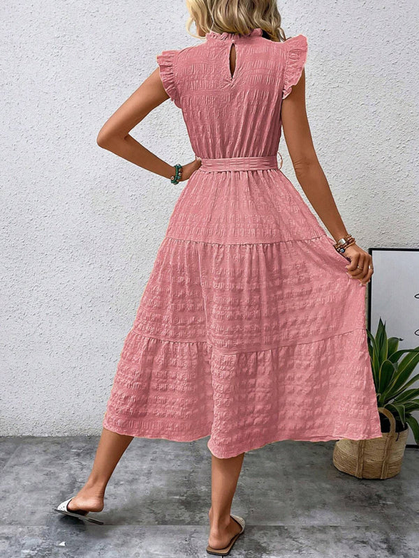 Boho Belted Midi Dress with Playful Ruffle Accents Casual Dresses