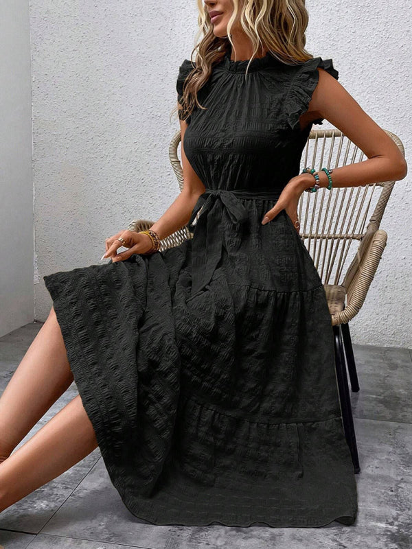 Boho Belted Midi Dress with Playful Ruffle Accents Casual Dresses