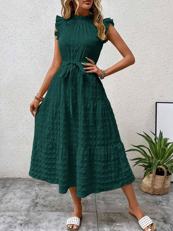 Boho Belted Midi Dress with Playful Ruffle Accents Casual Dresses