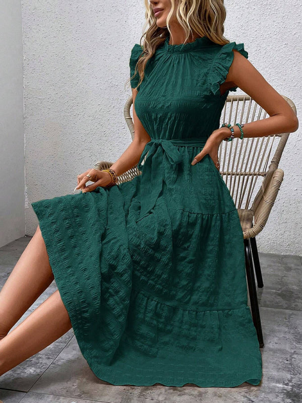 Boho Belted Midi Dress with Playful Ruffle Accents Casual Dresses