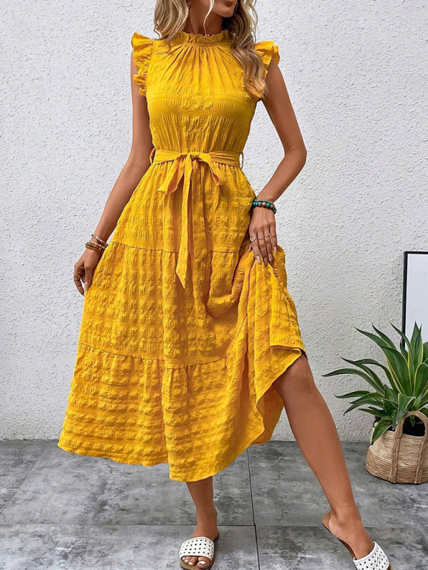 Boho Belted Midi Dress with Playful Ruffle Accents Casual Dresses