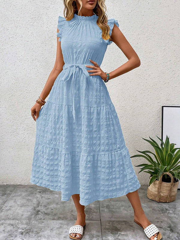 Boho Belted Midi Dress with Playful Ruffle Accents Casual Dresses