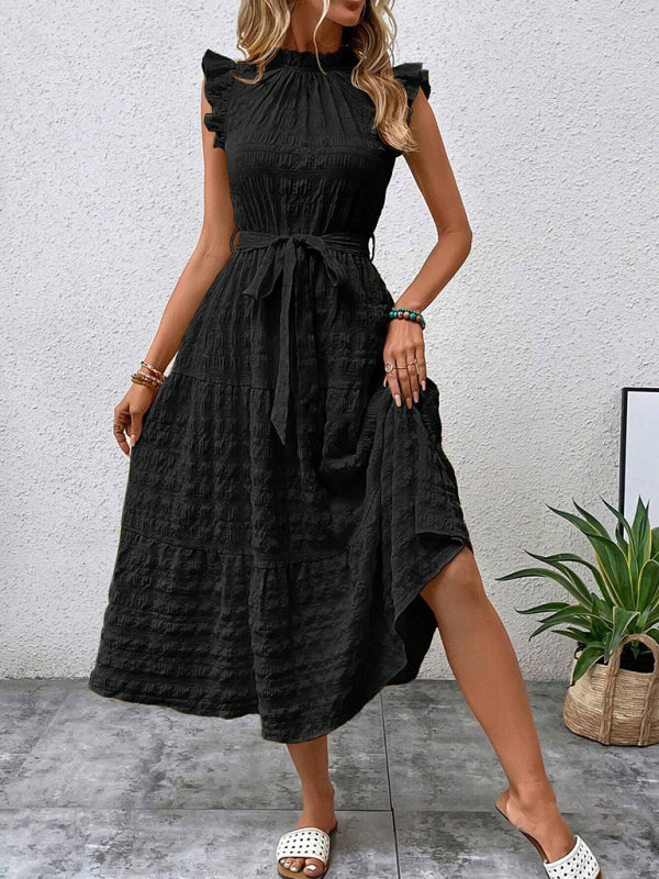 Boho Belted Midi Dress with Playful Ruffle Accents Casual Dresses