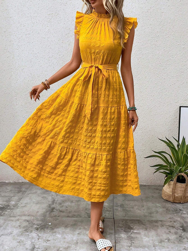 Boho Belted Midi Dress with Playful Ruffle Accents Casual Dresses