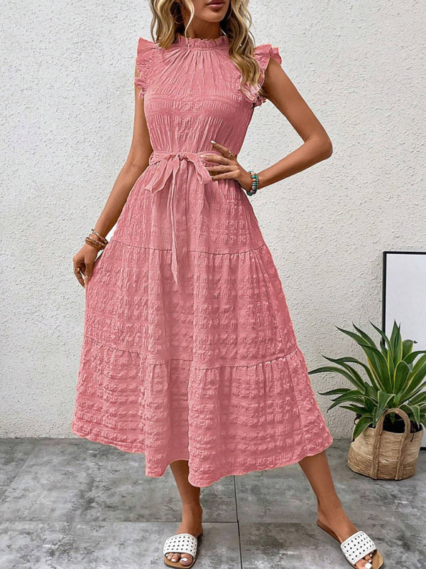 Boho Belted Midi Dress with Playful Ruffle Accents Casual Dresses