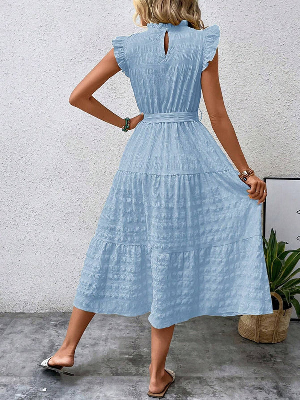 Boho Belted Midi Dress with Playful Ruffle Accents Casual Dresses