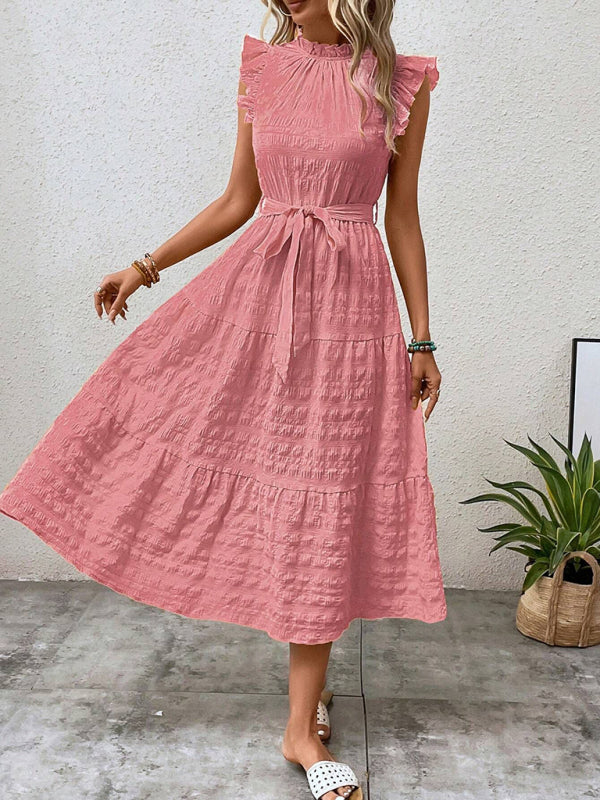 Boho Belted Midi Dress with Playful Ruffle Accents Casual Dresses