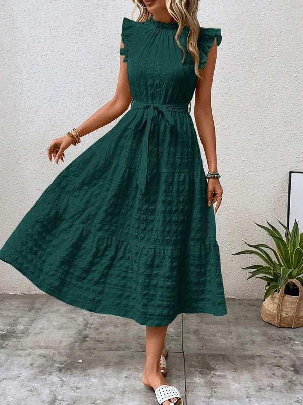 Boho Belted Midi Dress with Playful Ruffle Accents Casual Dresses