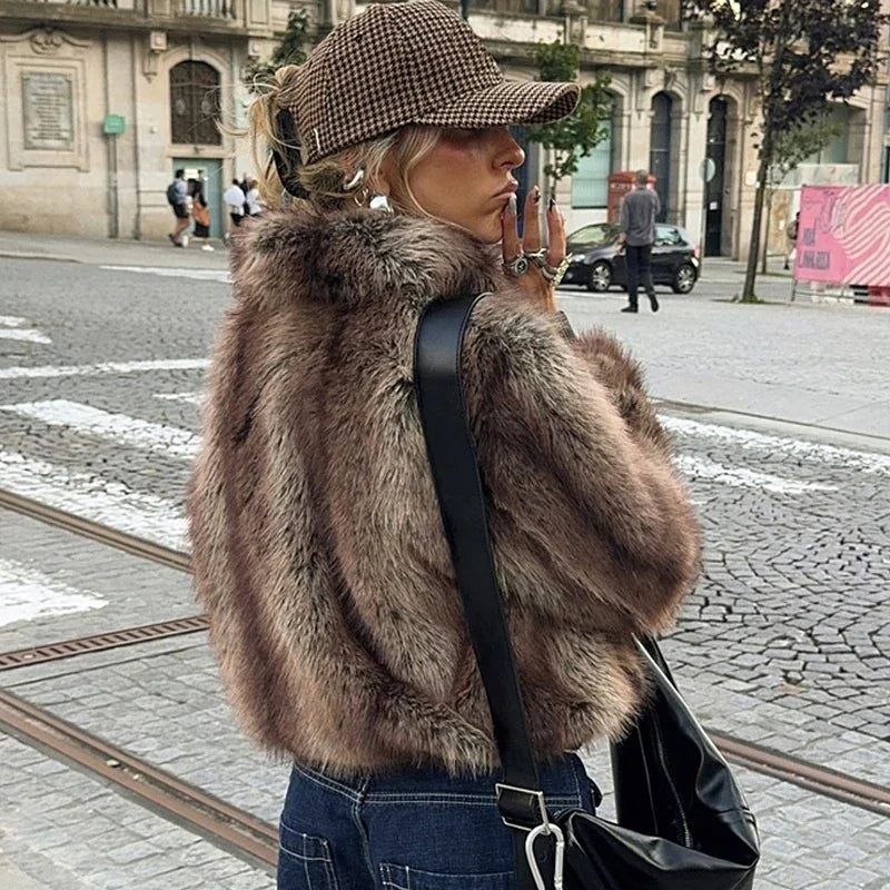 Winter's Elegant Brown Faux Fur Jacket for Women Jackets