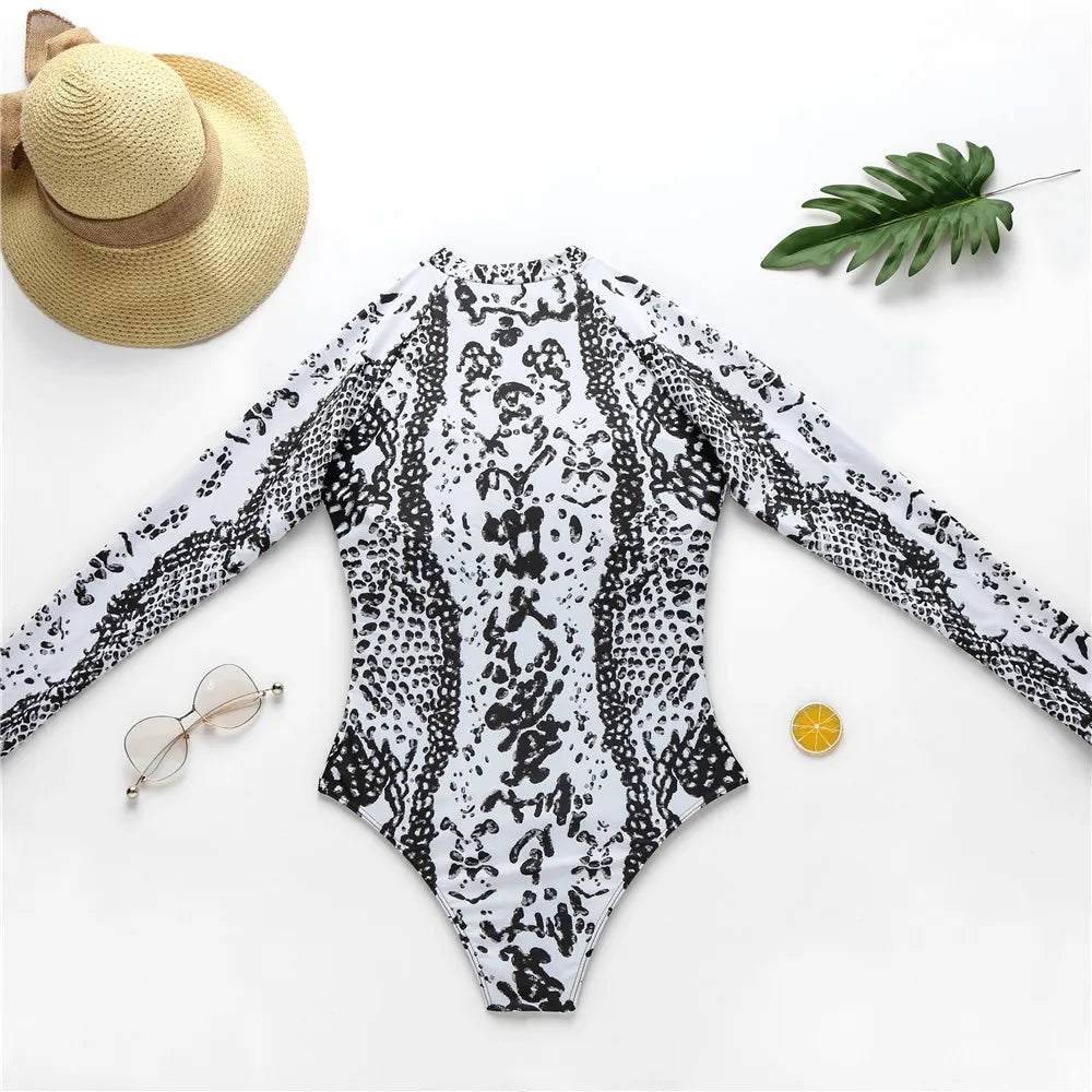 Leopard Print Protective One-Piece Swimwear Rash Guard for Women