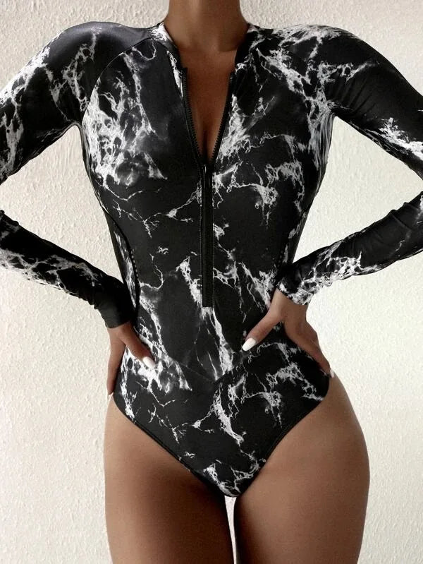 Leopard Print Protective One-Piece Swimwear Rash Guard for Women