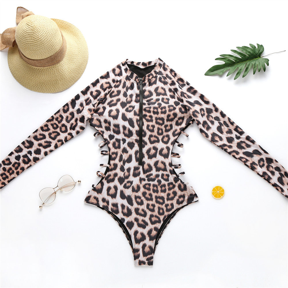 Leopard Print Protective One-Piece Swimwear Rash Guard for Women