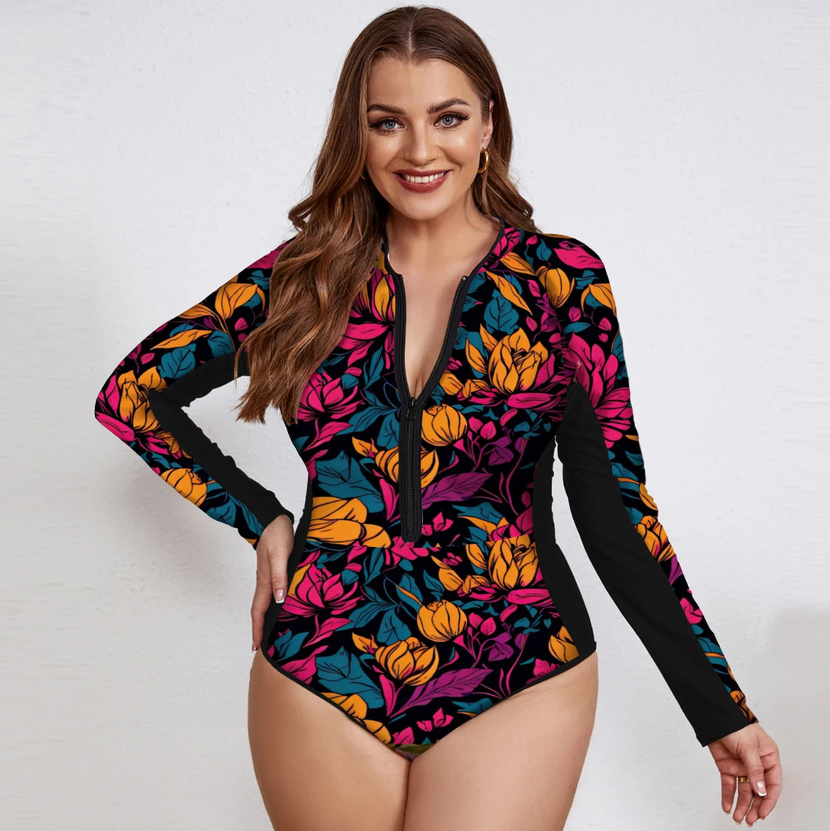 Plus-Size Floral Rash Guard Swimsuit for Surf & Sun	