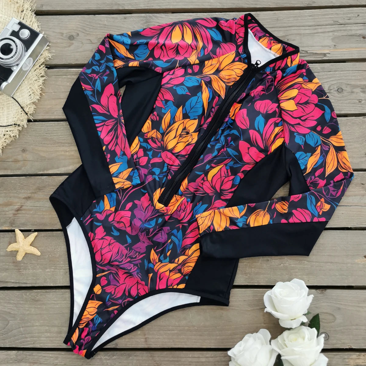 Floral Rash Guard Long-Sleeve Swimwear for Full-Figured Women