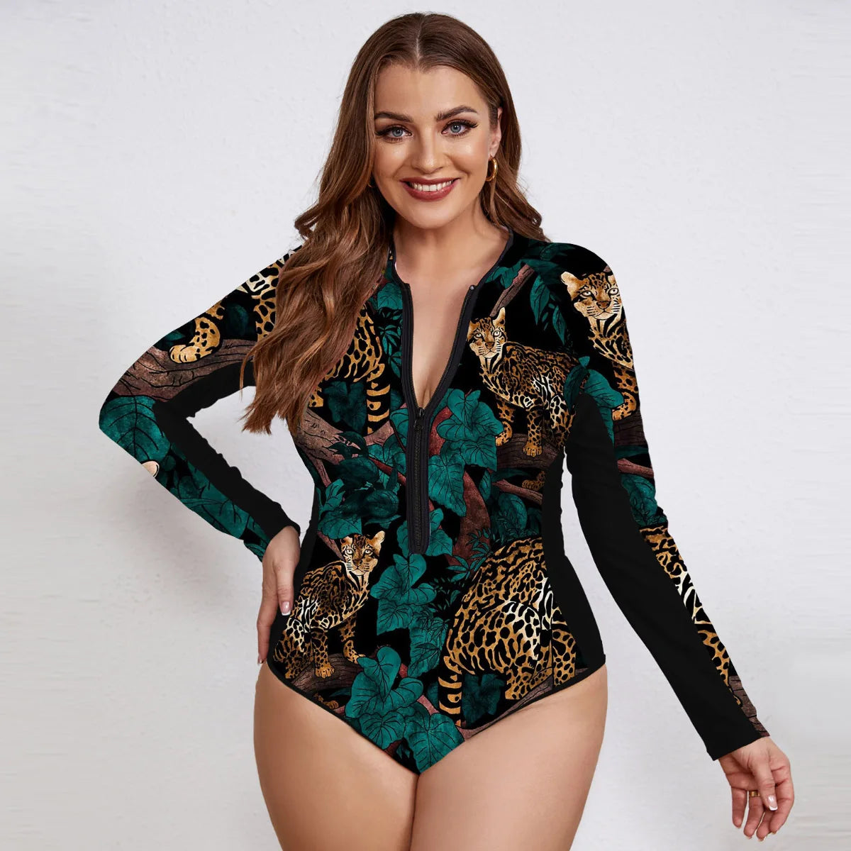 Floral Rash Guard Long-Sleeve Swimwear for Full-Figured Women