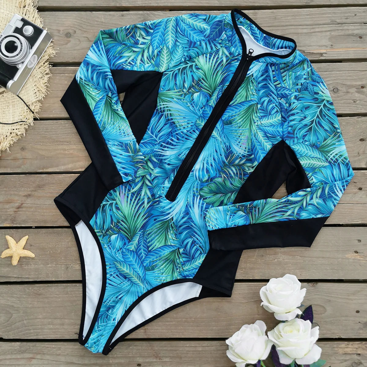 Floral Rash Guard Long-Sleeve Swimwear for Full-Figured Women